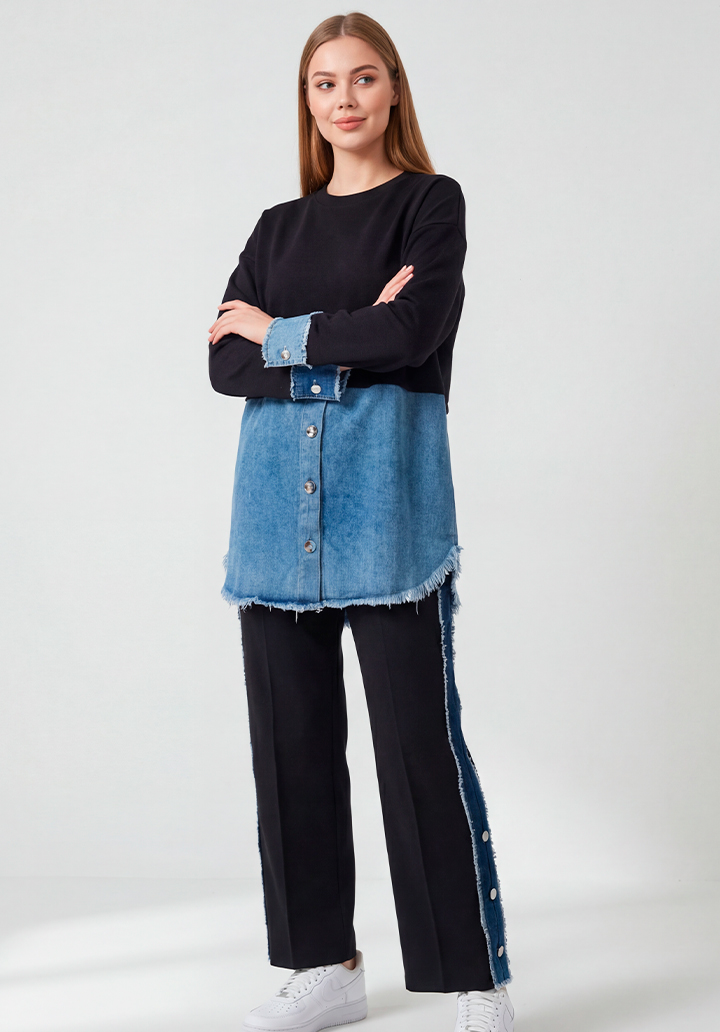 Kot Garnili Yanları Düğme Detaylı Triko Pantolon Tunik İkili Takım - 2