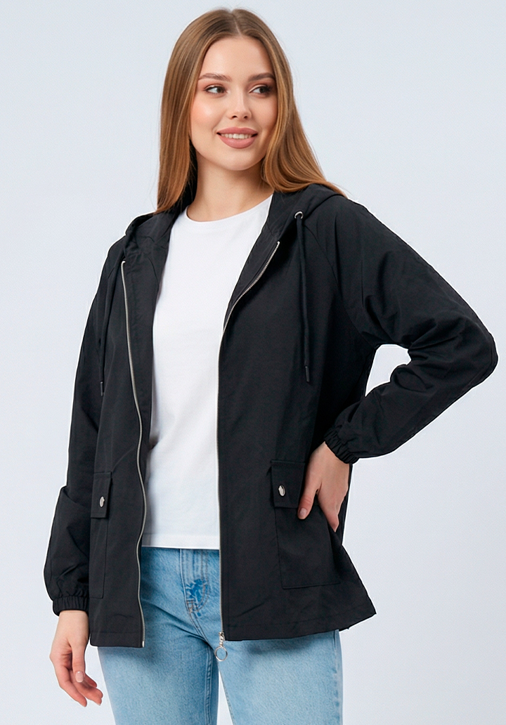 Kadın Siyah Kapüşonlu Fermuarlı Cepli Yağmurluk Rüzgarlık - 2