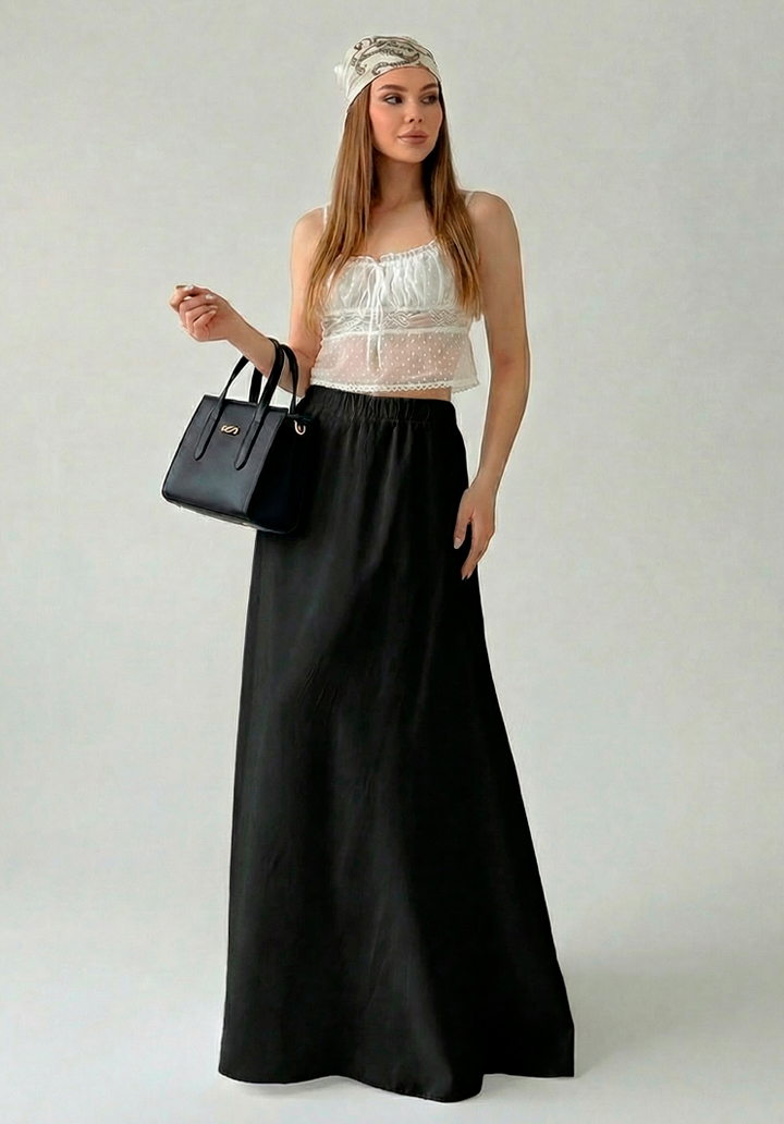 Kadın Astarlı Trikoton Kumaş Maksi Boy Yüksek Bel Salaş Kesim Etek  - 2