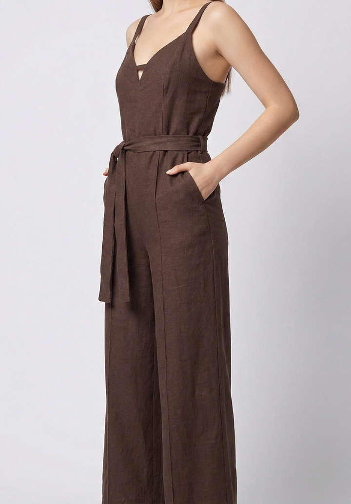 Kadın İnce Askılı V Yaka Kuşaklı Göğüs Dekolte Detaylı Geniş Paça Tulum - 2