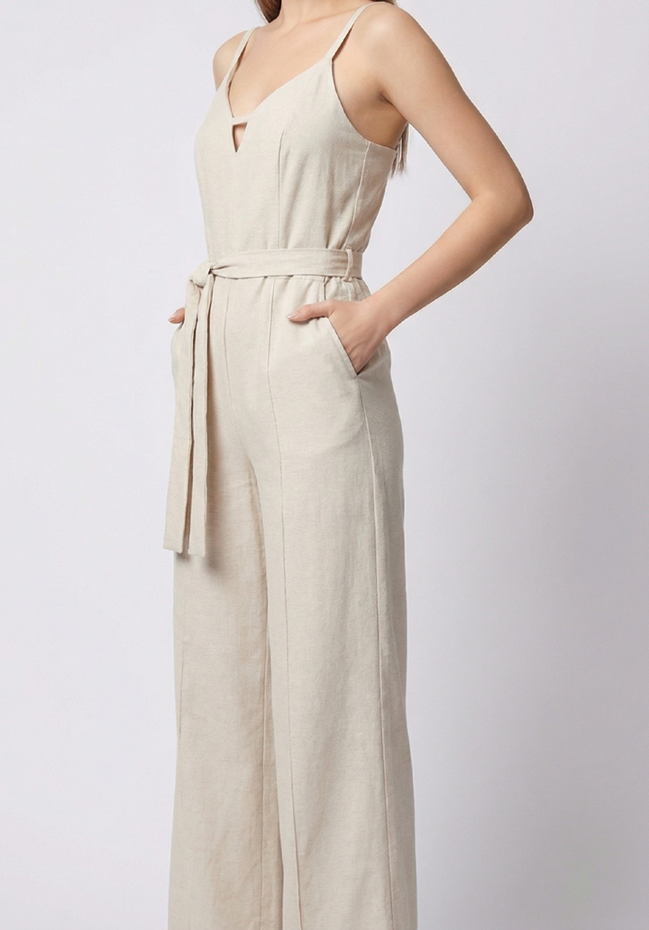 Kadın İnce Askılı V Yaka Kuşaklı Göğüs Dekolte Detaylı Geniş Paça Tulum - 2