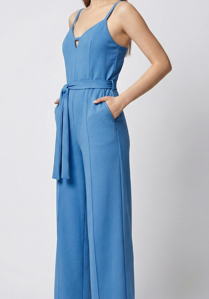 Kadın İnce Askılı V Yaka Kuşaklı Göğüs Dekolte Detaylı Geniş Paça Tulum - 2