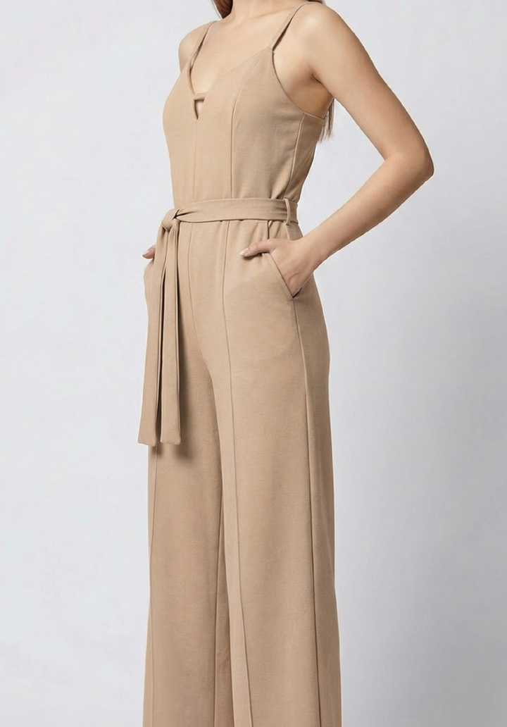 Kadın İnce Askılı V Yaka Kuşaklı Göğüs Dekolte Detaylı Geniş Paça Tulum - 2