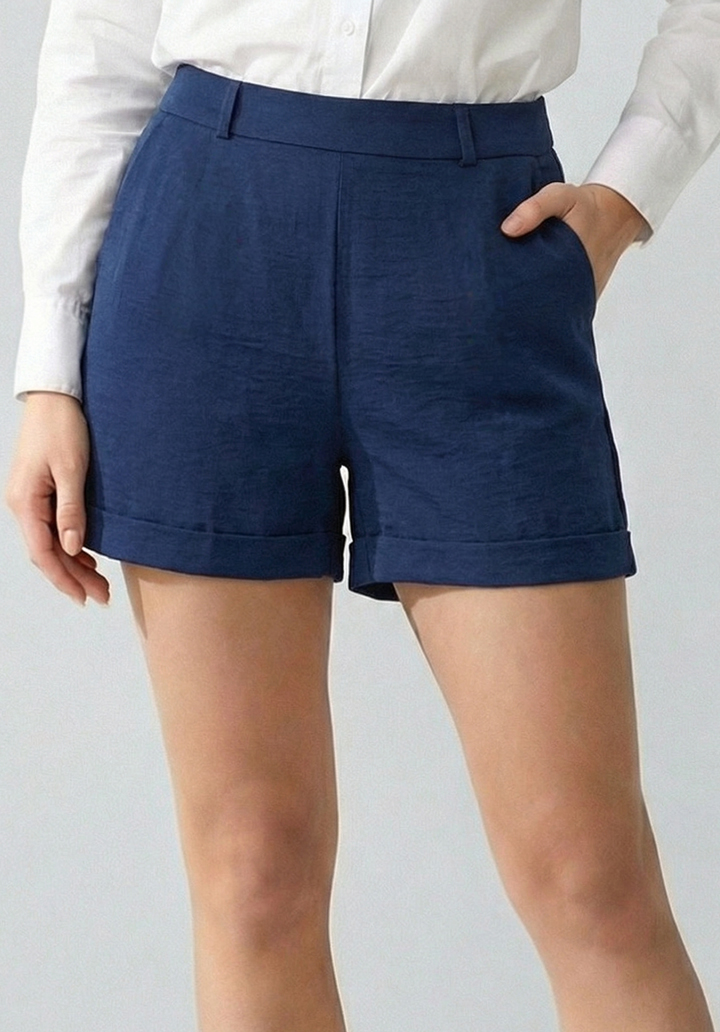 Kadın Lacivert Keten Karışımlı Yüksek Bel Duble Paça Şort - 2