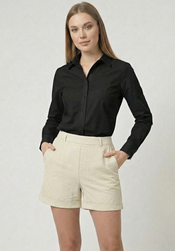 Kadın Bej Keten Karışımlı Yüksek Bel Duble Paça Şort - 2