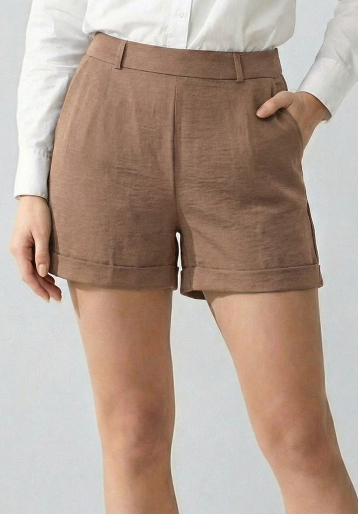 Kadın Kahverengi Keten Karışımlı Yüksek Bel Duble Paça Şort - 2