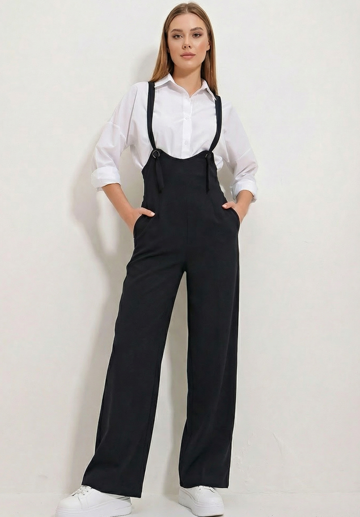 Kadın Siyah Likralı Double Krep Cepli Askılı Salopet Tulum - 2