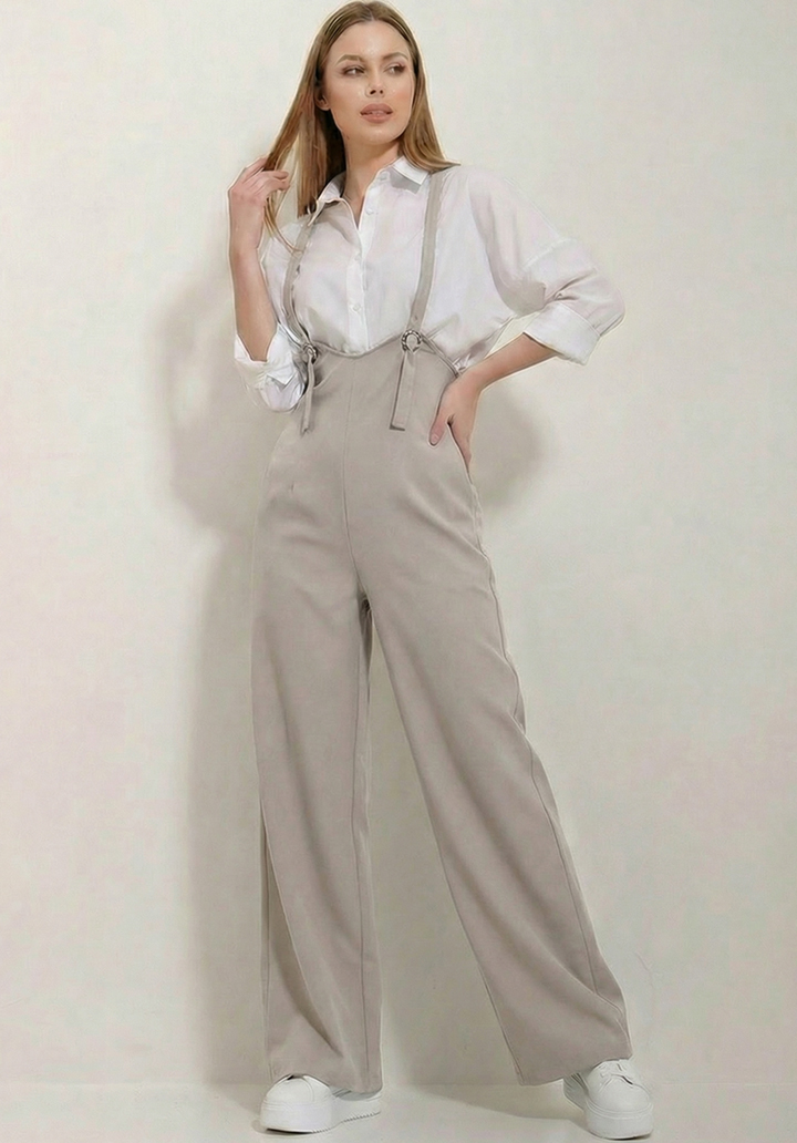 Kadın Gri Likralı Double Krep Cepli Askılı Salopet Tulum - 2