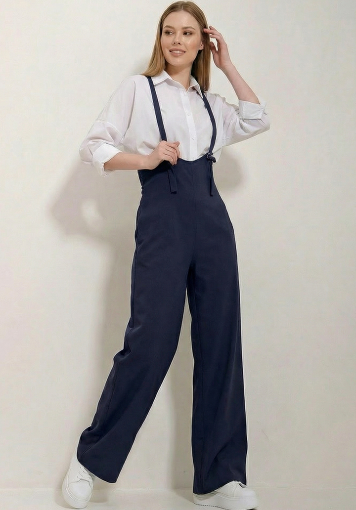 Kadın Lacivert Likralı Double Krep Cepli Askılı Salopet Tulum - 2