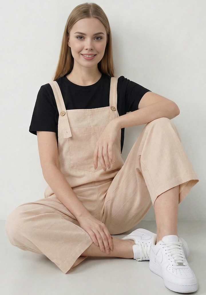 Kadın Geniş Paça Keten Görünümlü Bahçıvan Askılı Rahat Kesim Salopet Tulum - 2