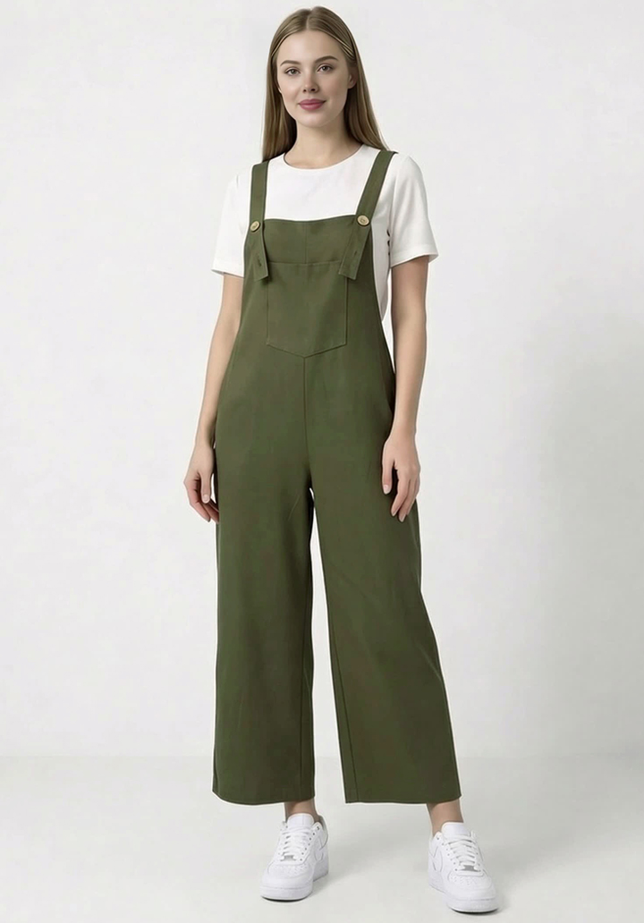 Kadın Geniş Paça Keten Görünümlü Bahçıvan Askılı Rahat Kesim Salopet Tulum - 2