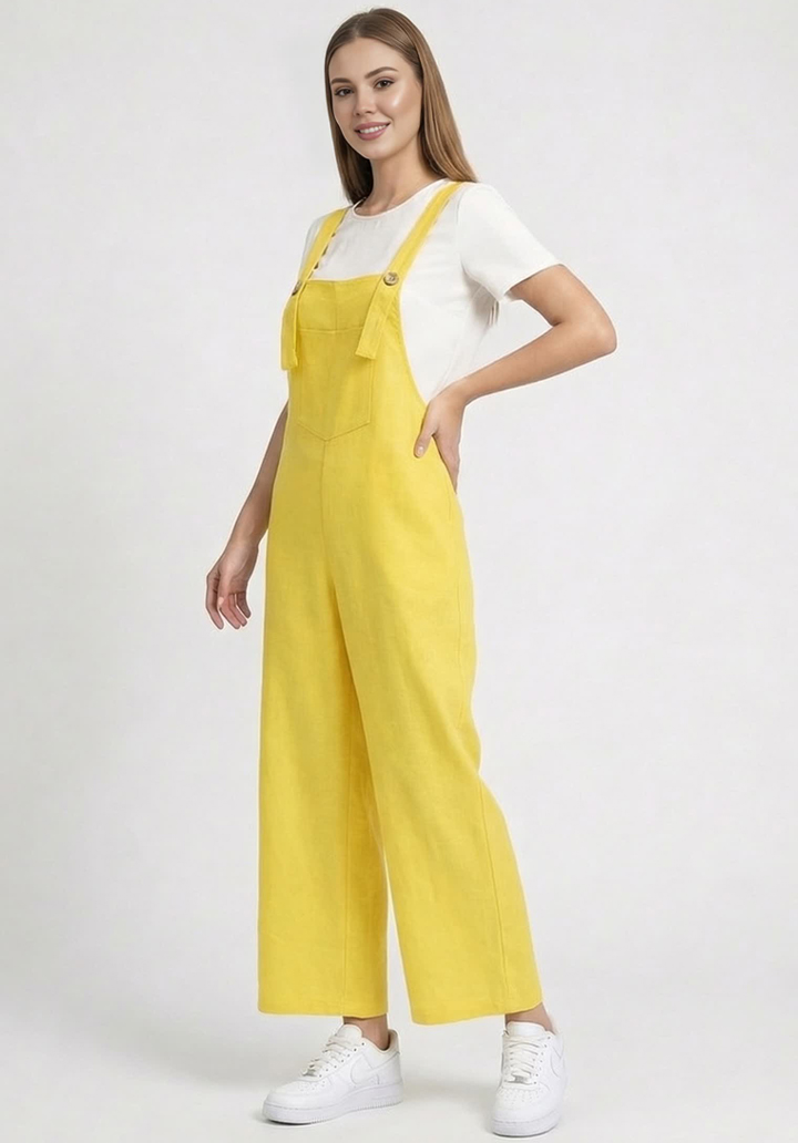 Kadın Geniş Paça Keten Görünümlü Bahçıvan Askılı Rahat Kesim Salopet Tulum - 2