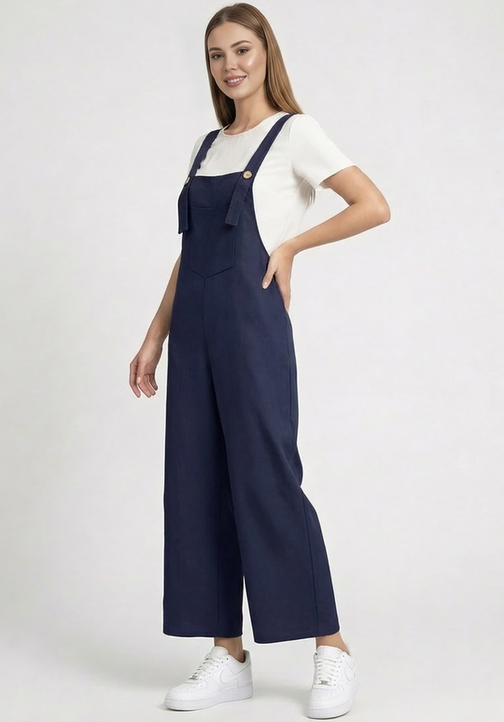 Kadın Geniş Paça Keten Görünümlü Bahçıvan Askılı Rahat Kesim Salopet Tulum - 2