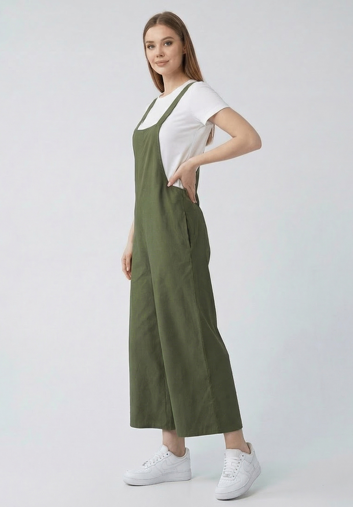 Kadın Siyah Keten Karışımlı Cepli Arkadan Bağlamalı Askılı Tulum - 2