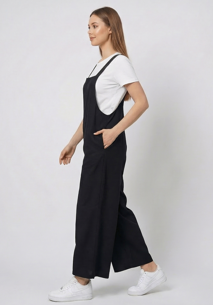 Kadın Siyah Keten Karışımlı Cepli Arkadan Bağlamalı Askılı Tulum - 2