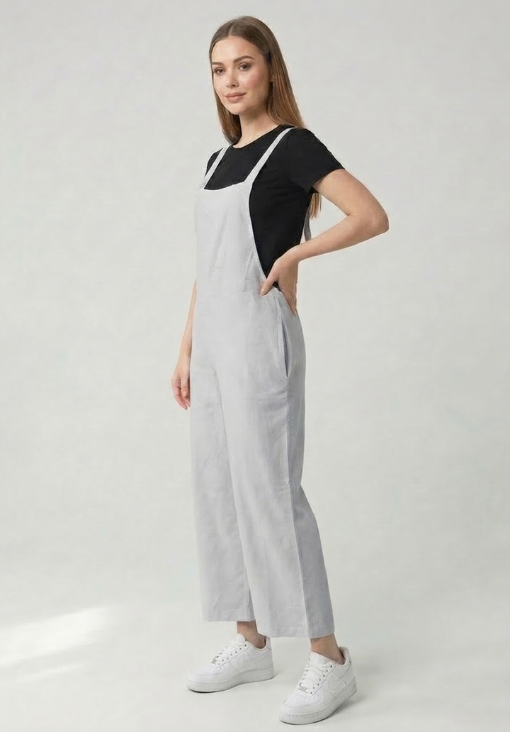 Kadın Kırık Beyaz Keten Karışımlı Cepli Arkadan Bağlamalı Askılı Tulum - 2