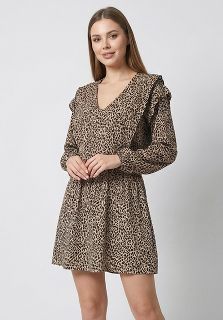 Kadın Leopar Desenli Beli Lastikli V Yaka Şık Elbise - 2