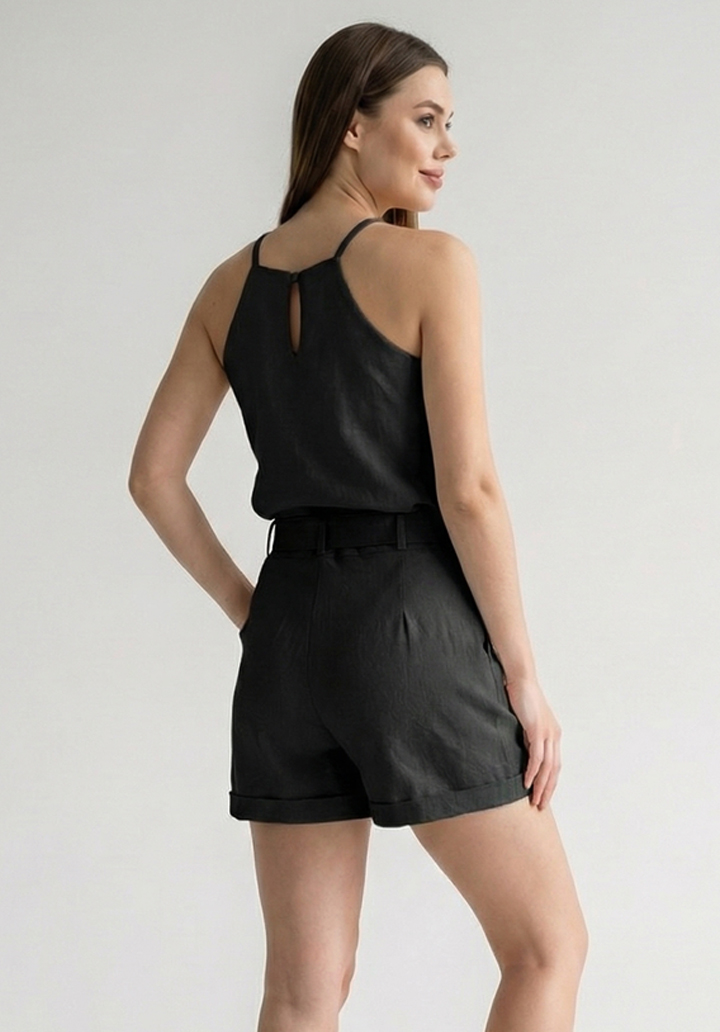 Kadın Keten Kumaş Şort ve Halter Yaka Üst Kemerli ve Cepli İkili Takım - 2