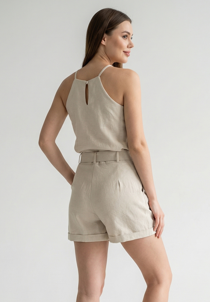 Kadın Keten Kumaş Şort ve Halter Yaka Üst Kemerli ve Cepli İkili Takım - 2