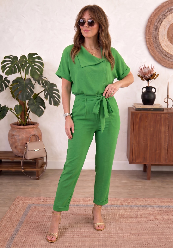 Kadın Bürümcük Kumaş Asimetrik Yaka Kısa Kollu Alt Üst Takım - Yeşil - 2