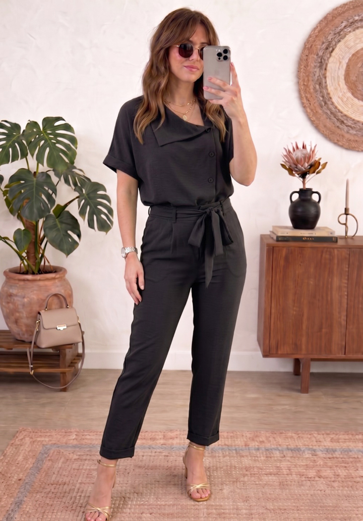 Kadın Bürümcük Kumaş Asimetrik Yaka Kısa Kollu Alt Üst Takım - Siyah - 2