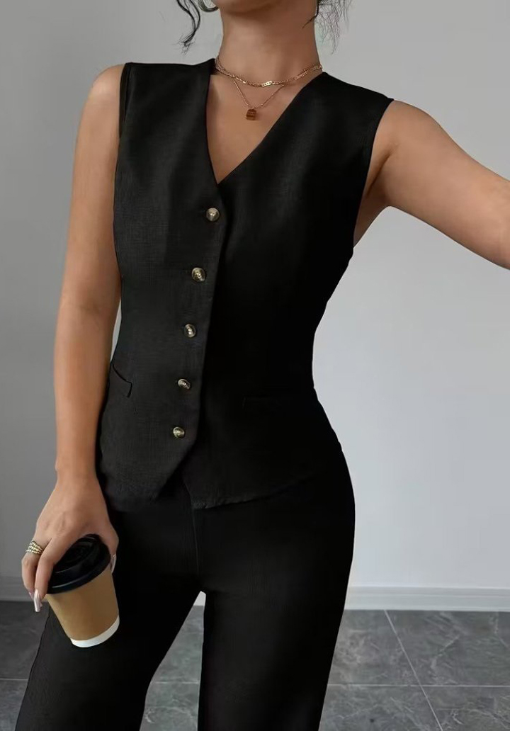 Kadın Önden Düğmeli Keten Yelek ve Pantolon İkili Takım - 2