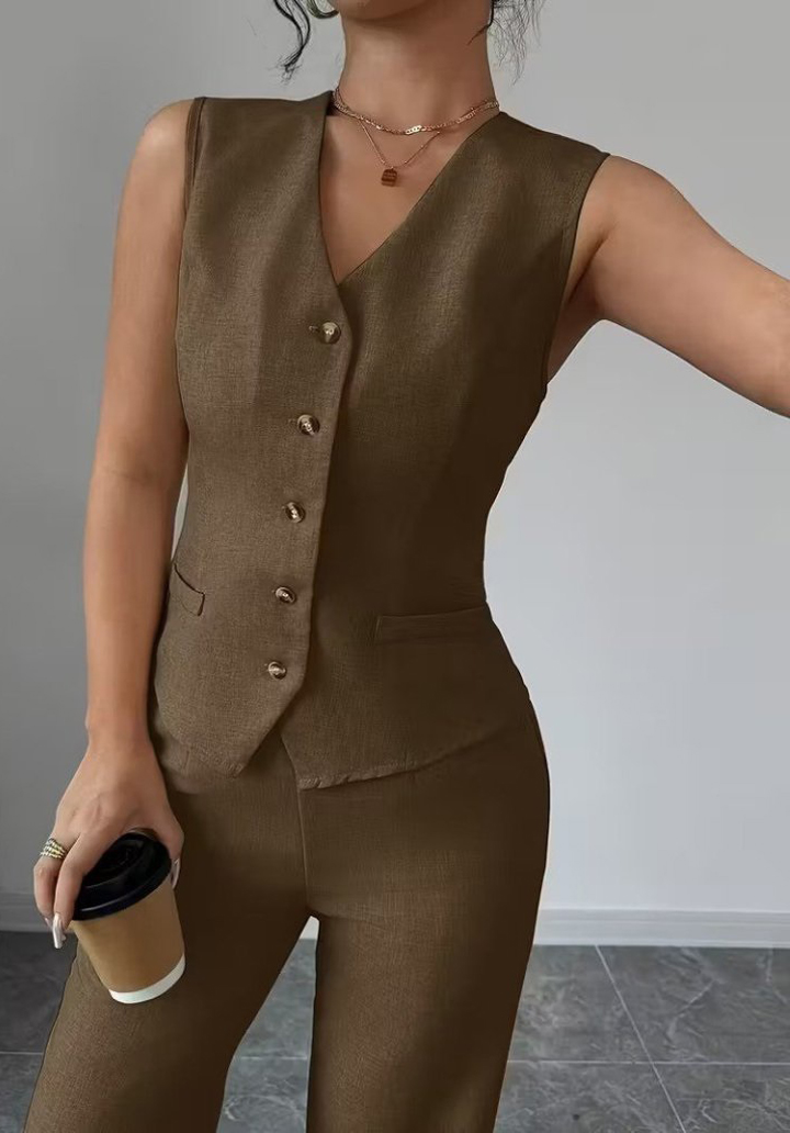 Kadın Önden Düğmeli Keten Yelek ve Pantolon İkili Takım - 2