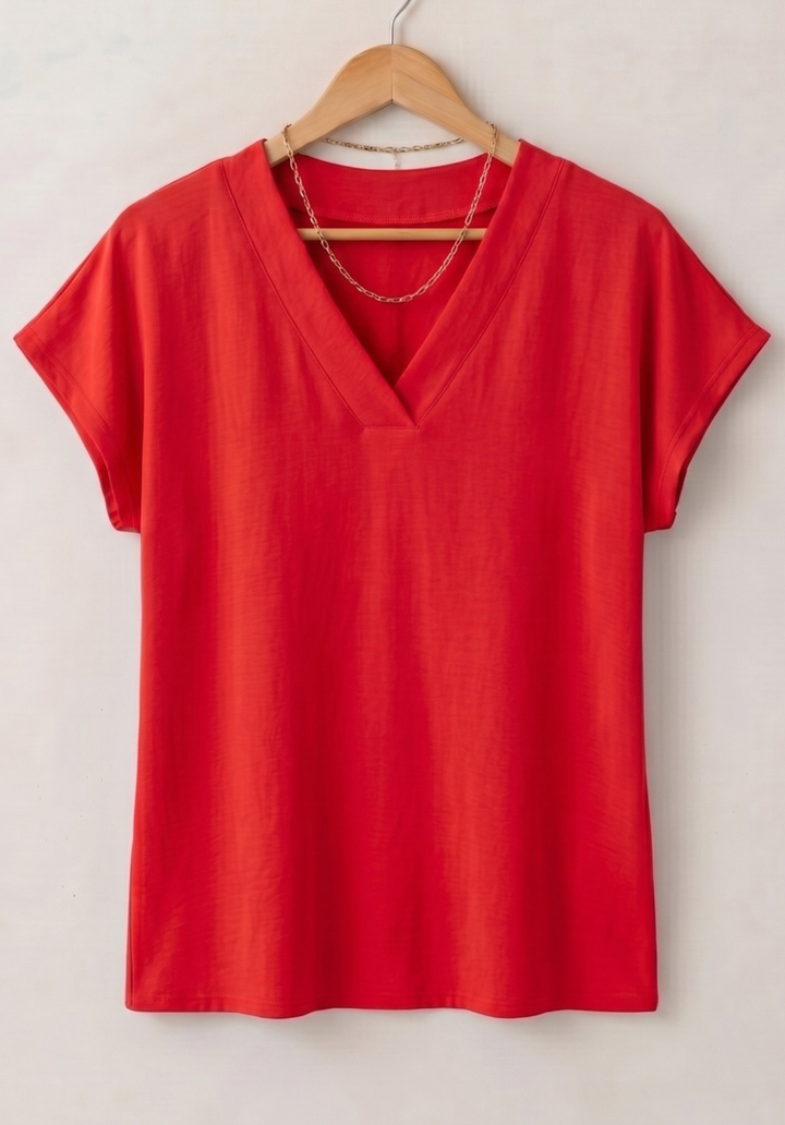 Kadın Viskon V Yaka Kısa Kollu Basic Rahat Kalıp Bluz - Kırmızı - 2