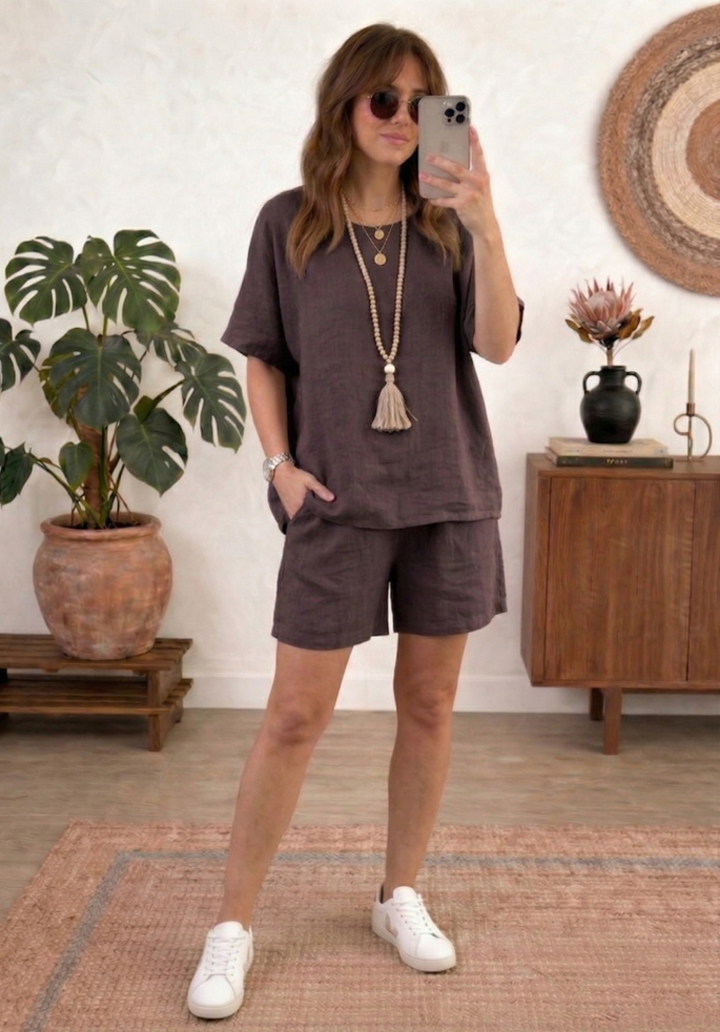 Kadın Keten Şortlu Takım Rahat Kesim Oversize Alt Üst Takım - Acı Kahve - 2