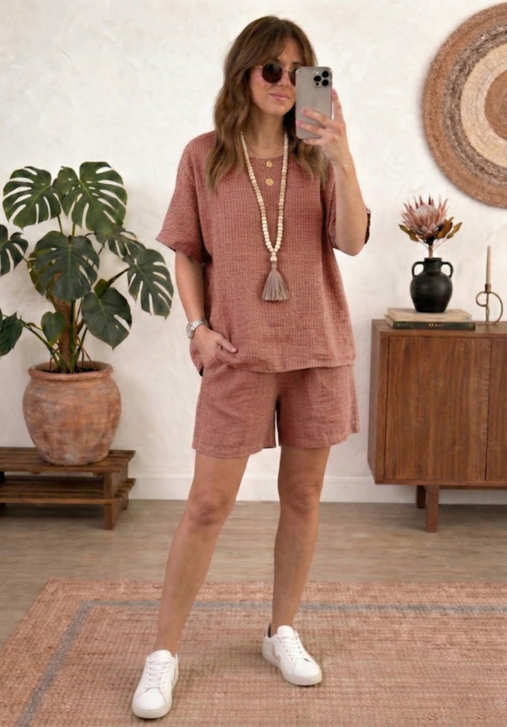 Kadın Keten Şortlu Takım Rahat Kesim Oversize Alt Üst Takım - Kiremit - 2