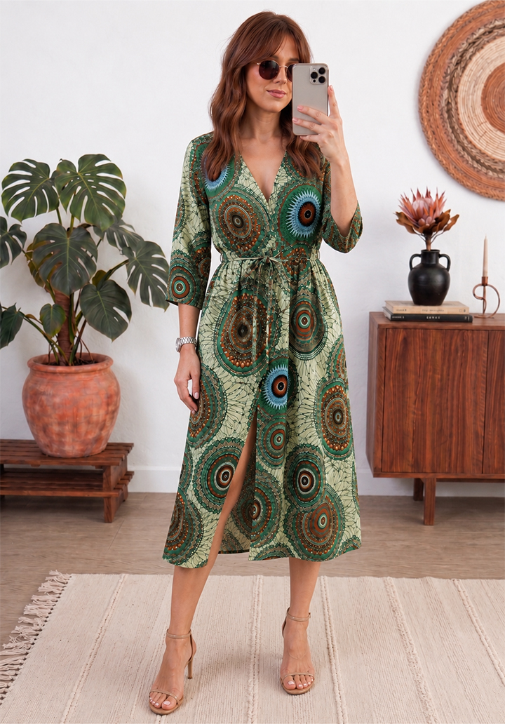 Kısa Kollu Önü Açık Belden Kuşaklı Uzun Kimono - Yeşil - 2