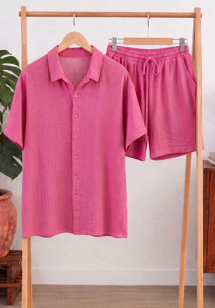 Kadın Bürümcük Kumaş Oversize Gömlek ve Beli Lastikli Şort Takım - Fuşya - 2