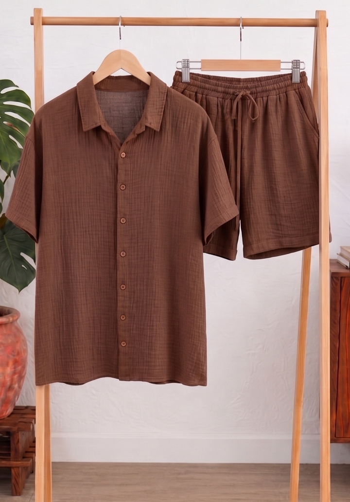 Kadın Bürümcük Kumaş Oversize Gömlek ve Beli Lastikli Şort Takım - Acı Kahve - 2