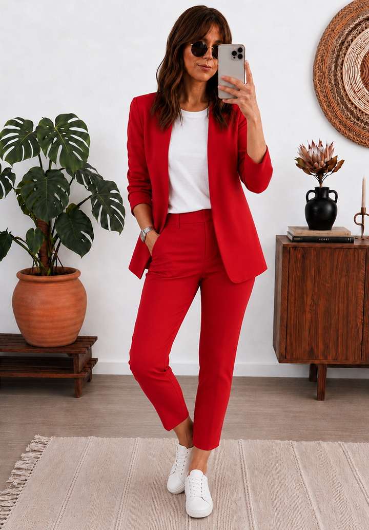 Kadın Double Kumaş Blazer Ceket ve Pantolon İkili Takım - Kırmızı - 2