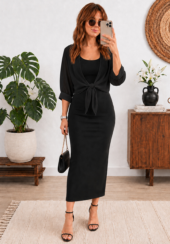 Önden Bağlamalı Şifon Bolero - Siyah - 2