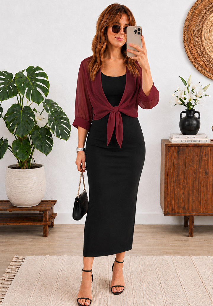Önden Bağlamalı Şifon Bolero - Bordo - 2