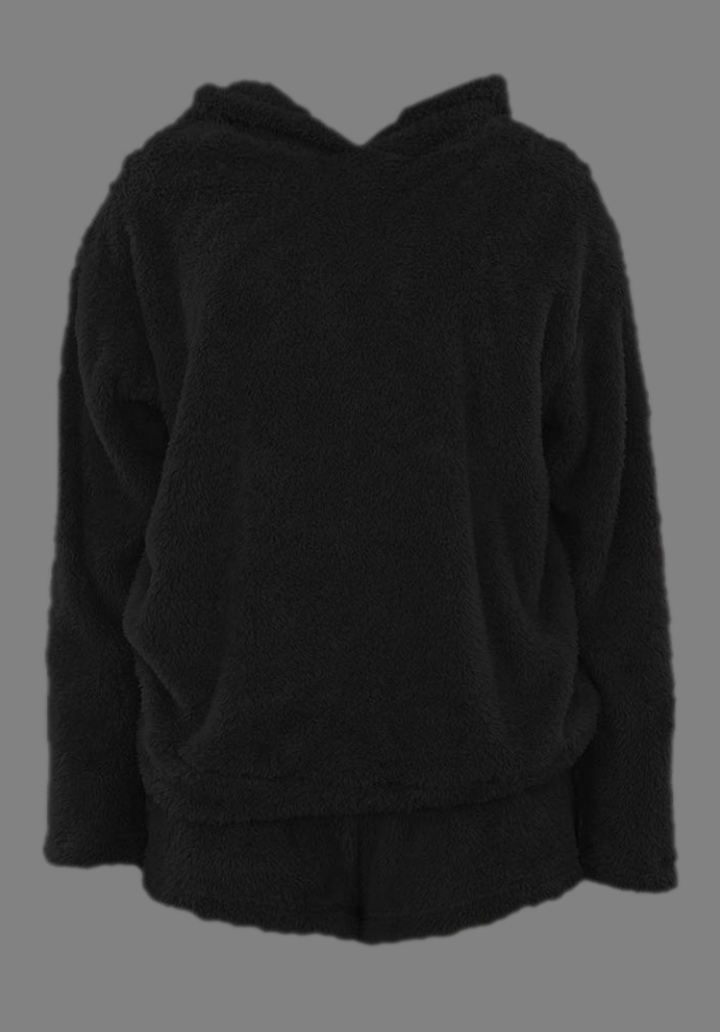 Kadın Uzun Kollu Kapşonlu Peluş Bluz Ve Kısa Şort Ikili Takım  - 3