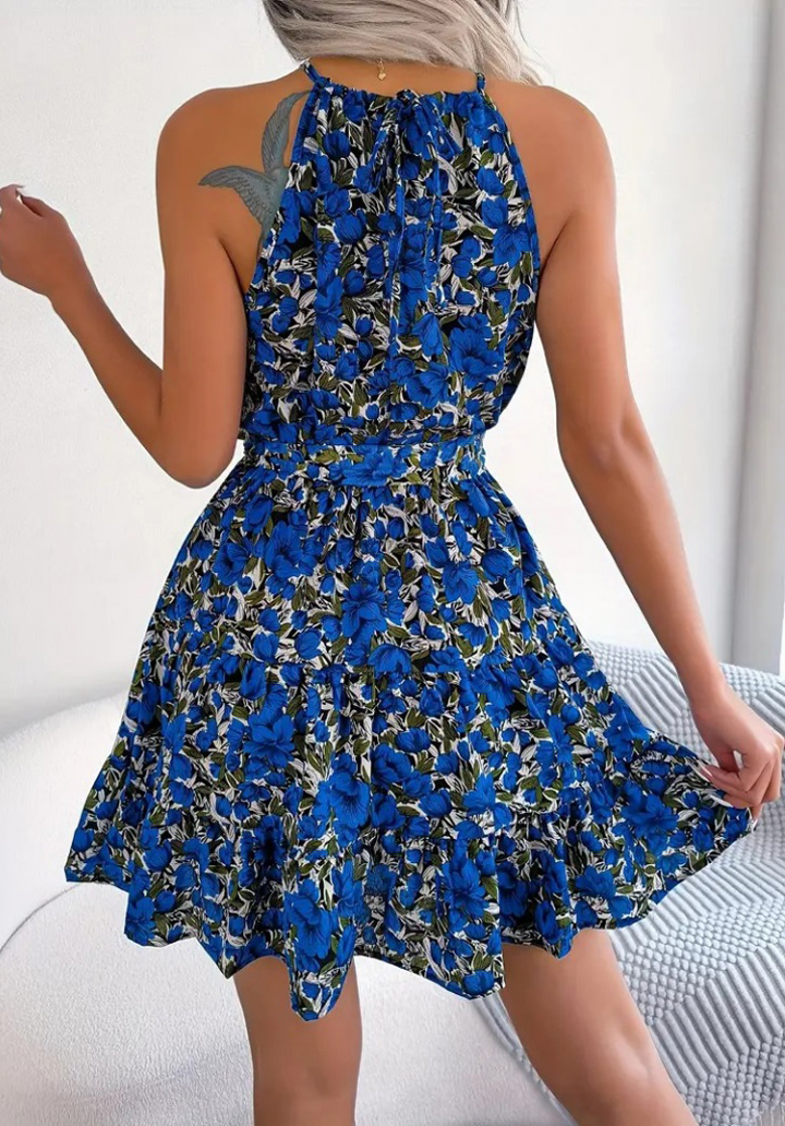 Kadın Kolsuz Halter Yaka çiçek Baskılı Eteği Volanlı Mosskrep Mini Elbise  - 3