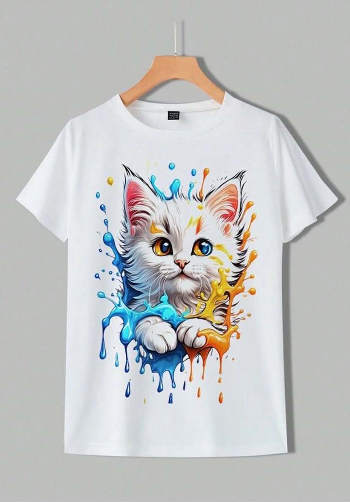 Kadın Kedi Baskılı Bisiklet Yaka Süprem T-shirt  - 3