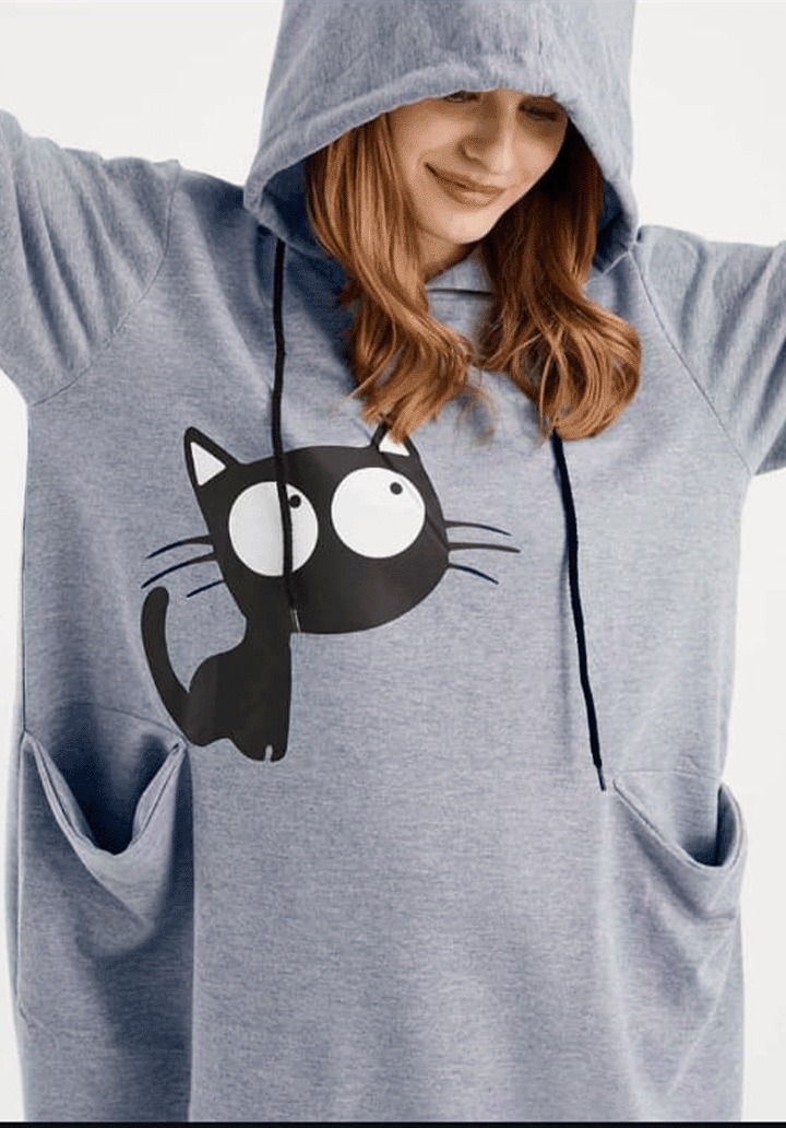 Kedi Baskılı Kapüşonlu Sweat Tunik - 3