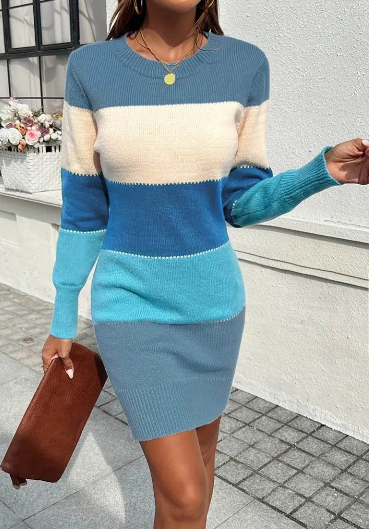 Kadın Uzun Kollu Bisiklet Yaka Çizgili Kısa Triko Elbise - 3