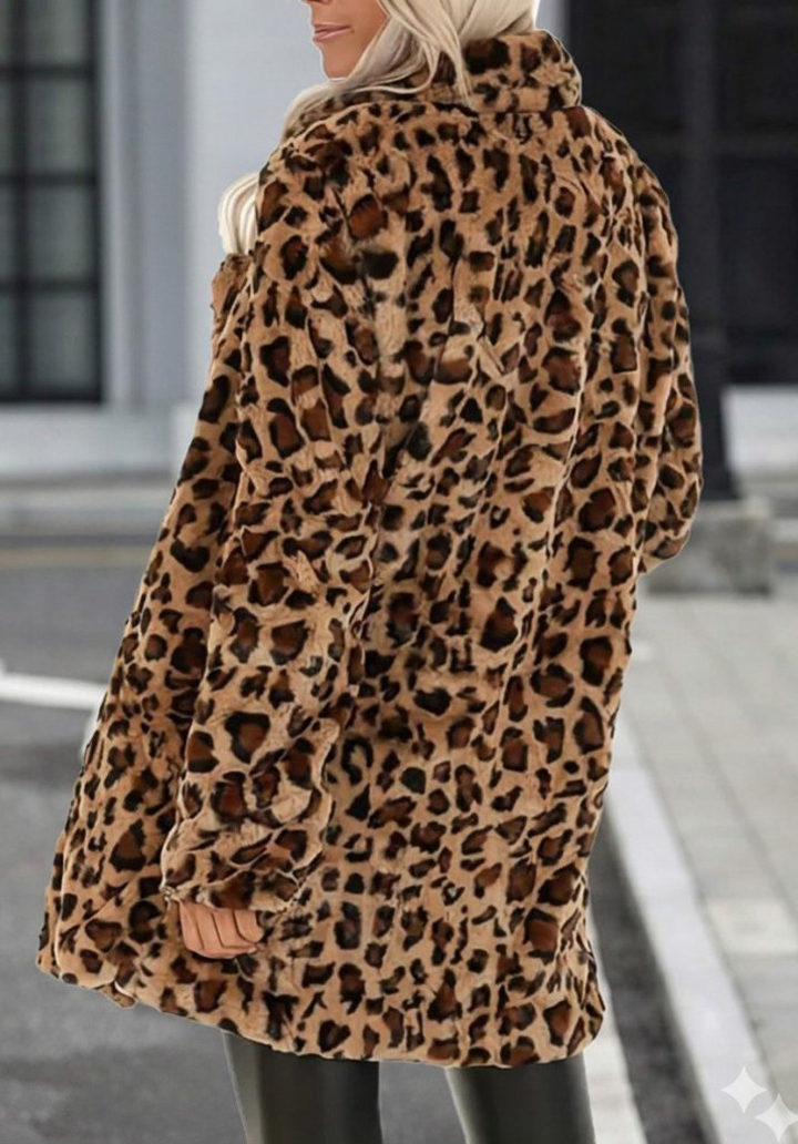 Kadın Uzun Kollu Yakalı Cepli Kısa Peluş Leopar Kaban - 3