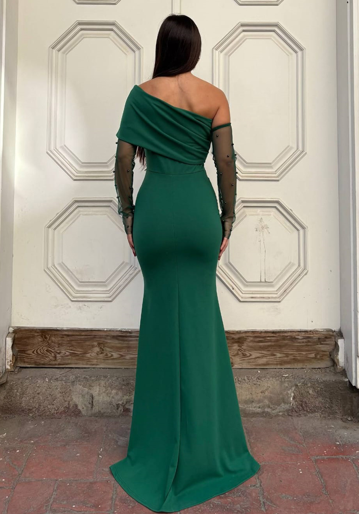 Straplez Yaka Tül Kol Aksesuarlı Krep Abiye Elbise - 3