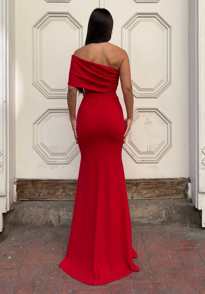 Straplez Yaka Tül Kol Aksesuarlı Krep Abiye Elbise - 3