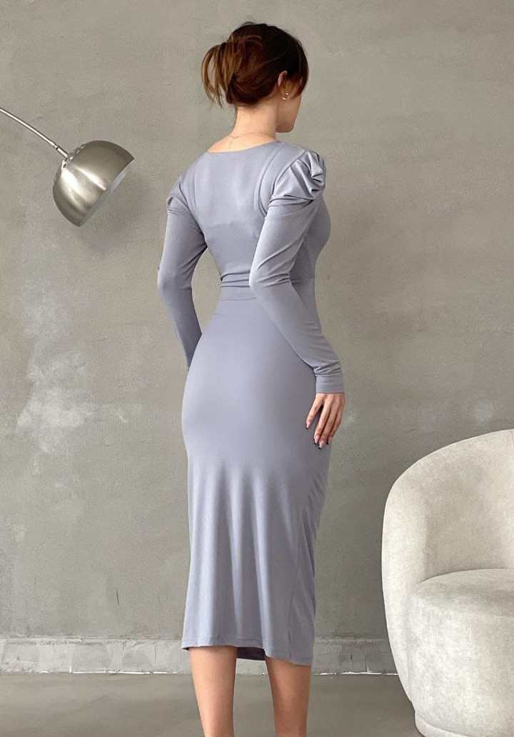 Omuz Detaylı Derin V Yaka Büzgülü Kalem Elbise - 3