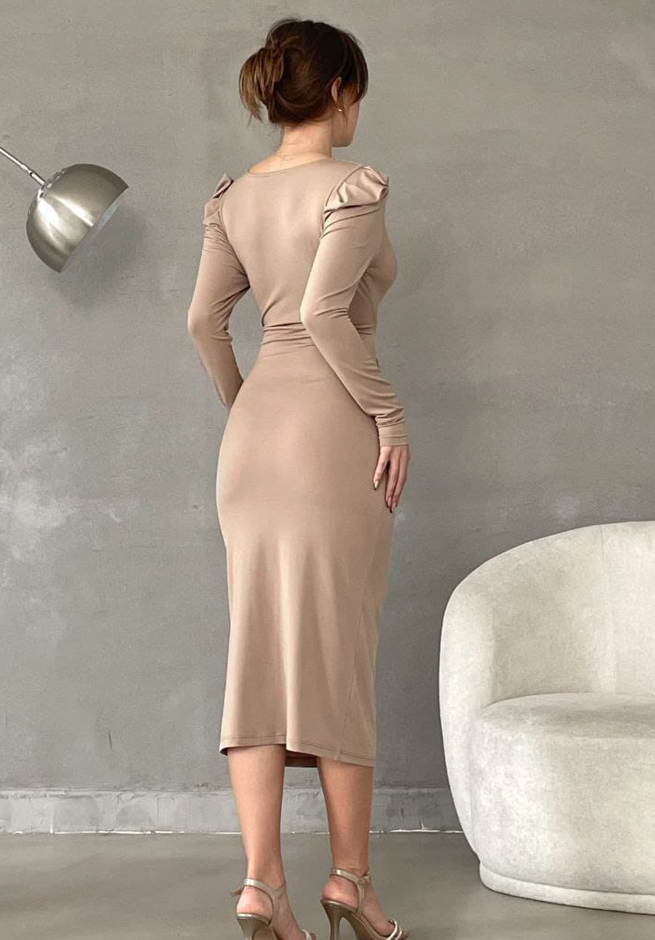 Omuz Detaylı Derin V Yaka Büzgülü Kalem Elbise - 3