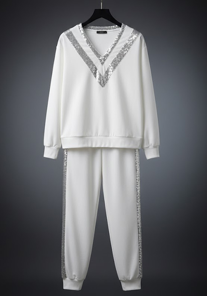 Kadın Uzun Kollu V Yakalı Pulpayetli Viskon İki İplik Bluz ve Pantolon  - 3