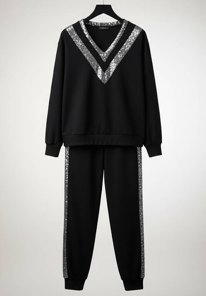 Kadın Uzun Kollu V Yakalı Pulpayetli Viskon İki İplik Bluz ve Pantolon - 3