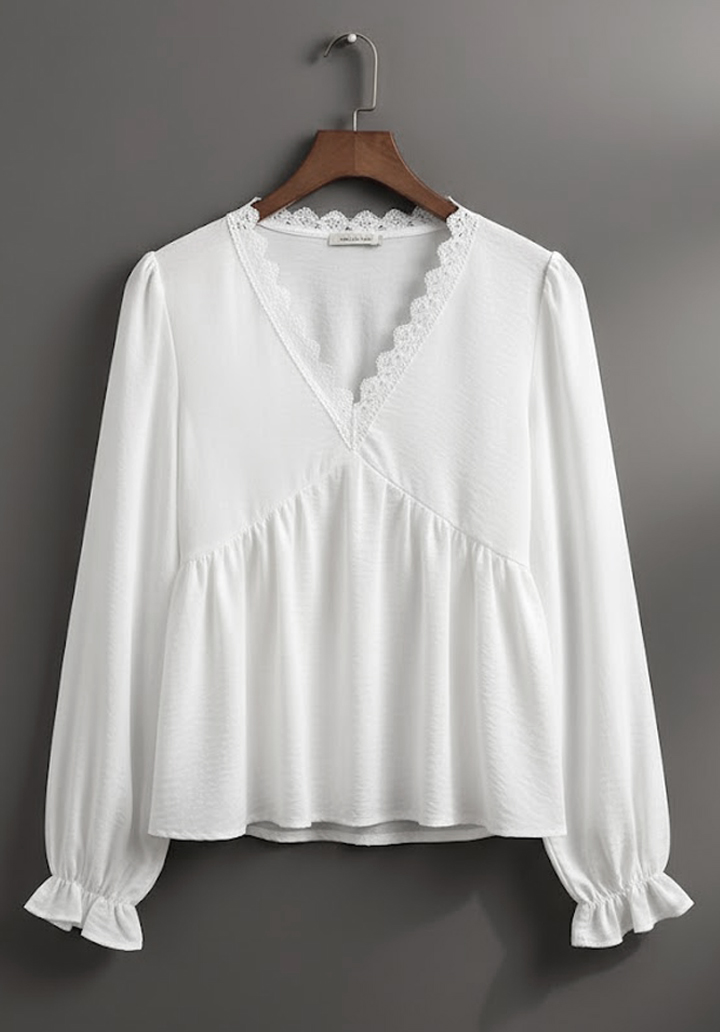 Kadın Uzun Kollu V Dantel Yaka Aerobin Bluz  - 3