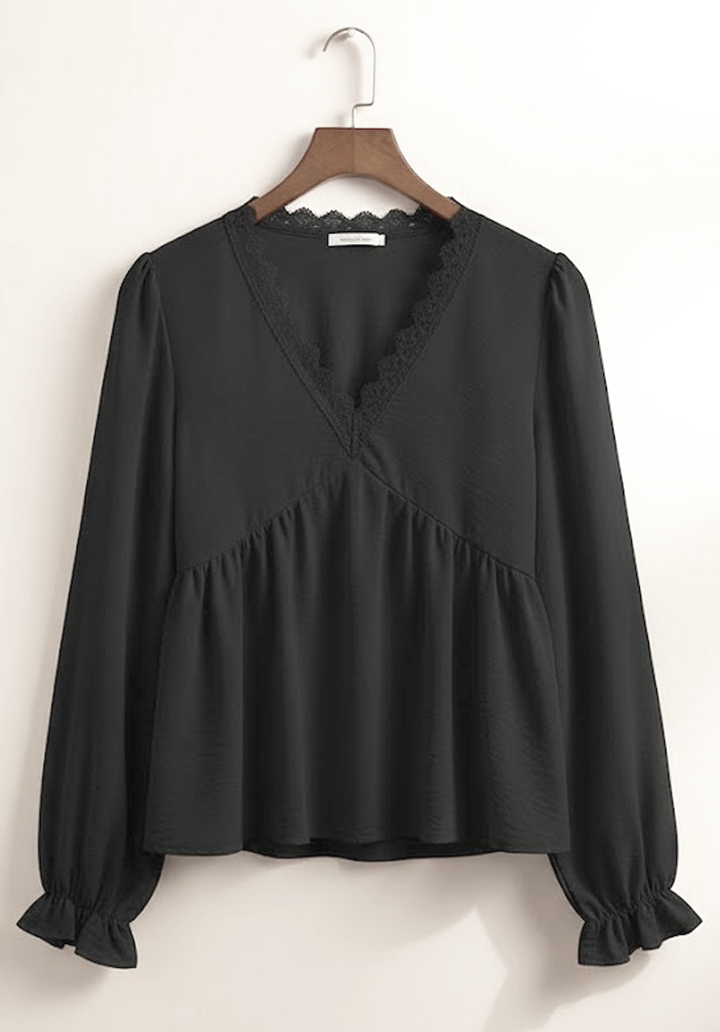 Kadın Uzun Kollu V Dantel Yaka Aerobin Bluz  - 3